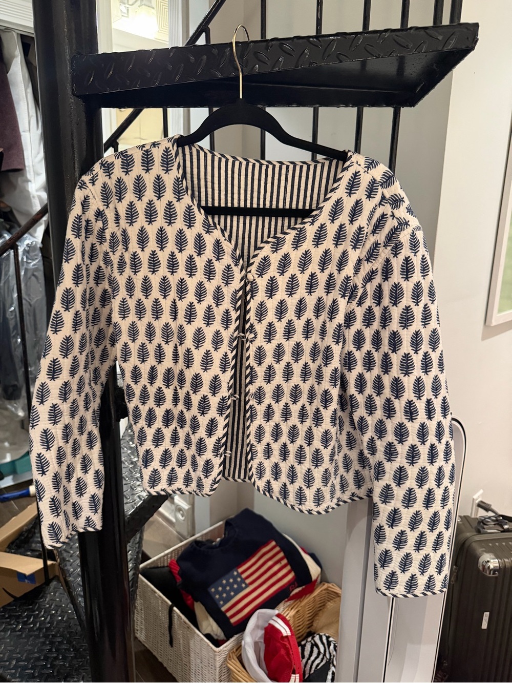Women's White and Navy block print Button-Front Jacket
